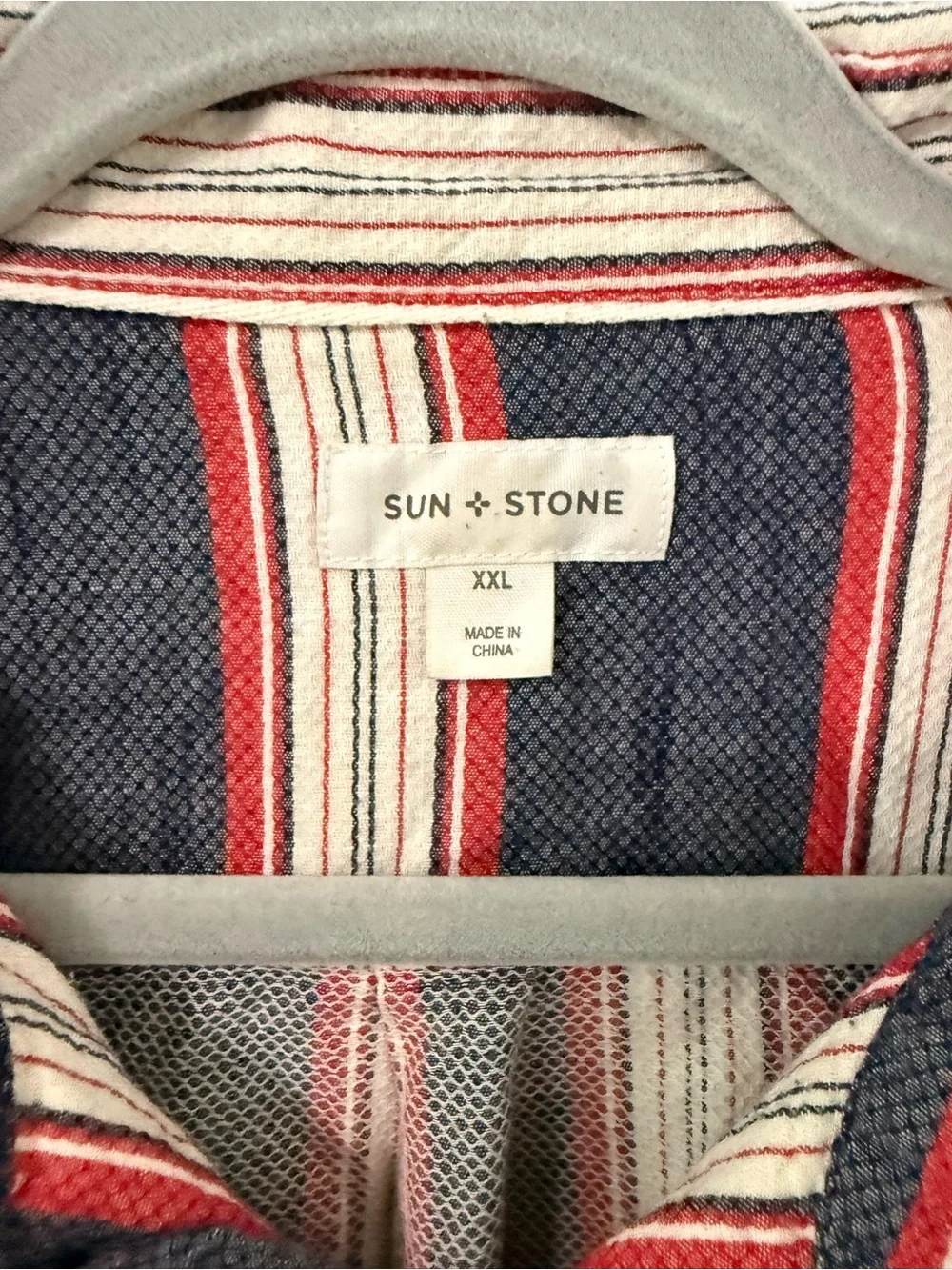 Sun + Stone Navy, Red & White Vertical Stripe Button-Up Shirt